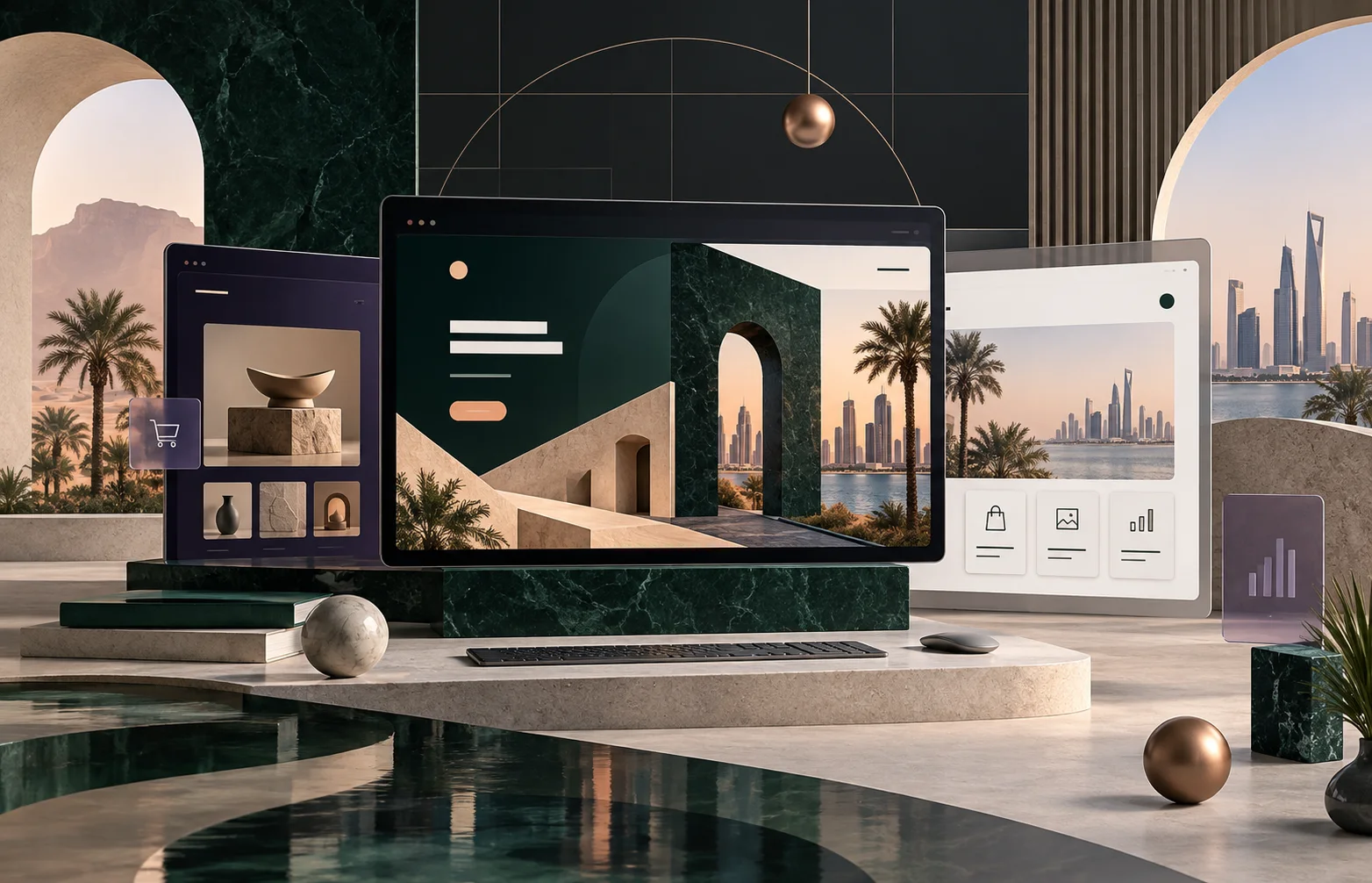 Abstract visual composition of Arabic and English company website interfaces